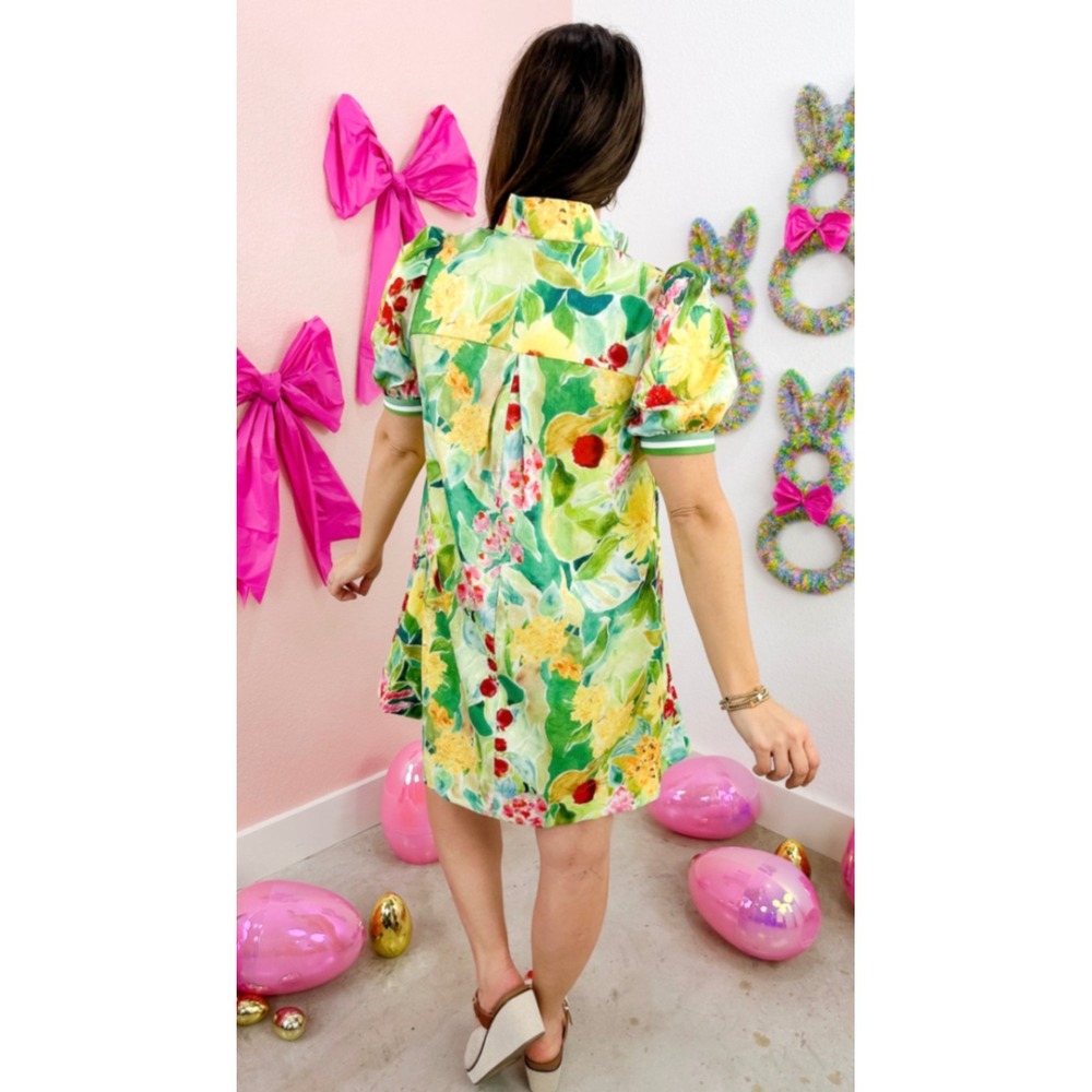 Floral Shift Dress Womens M Green/Yellow multicolor Puff Sleeve